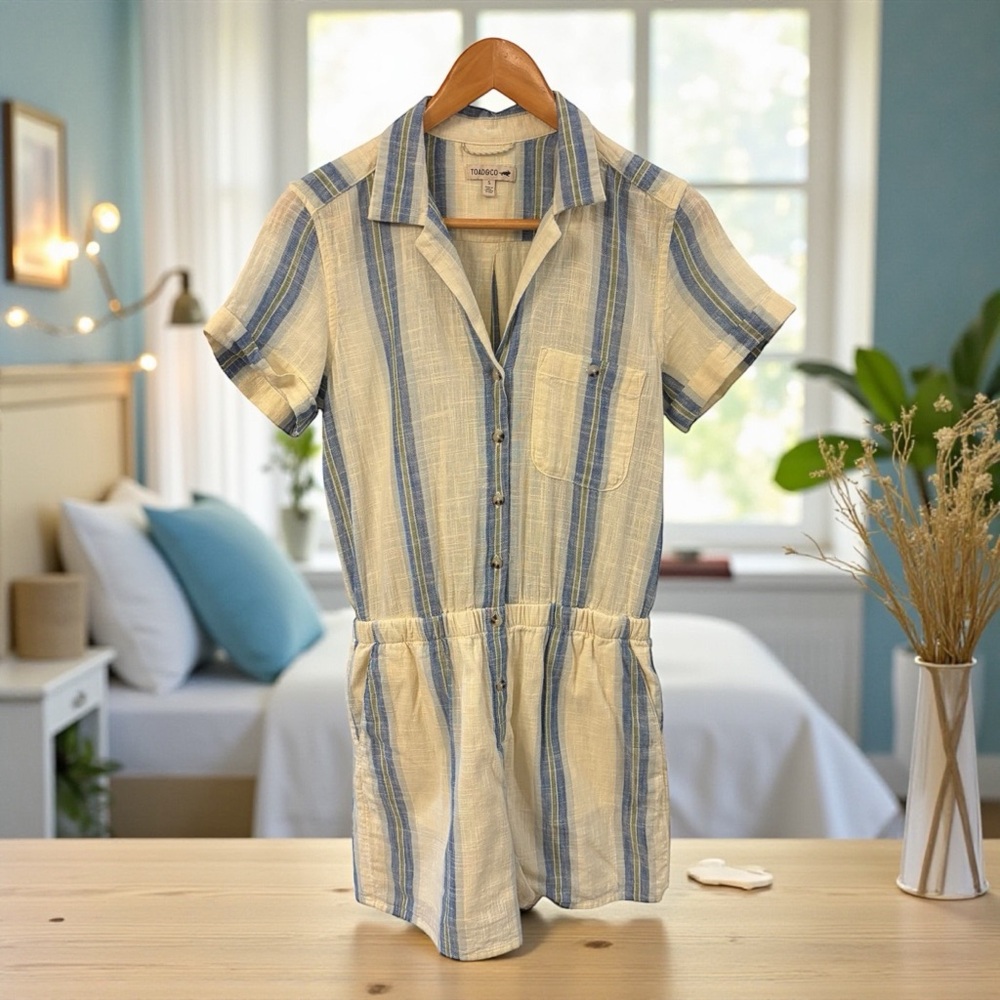 TOAD & CO WOMEN’S PLAID ROMPER BUTTERCREAM & BLUE SIZE SMALL